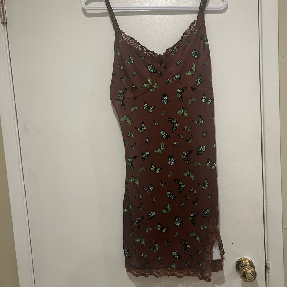 J for Justify Brown Mini Dress with Green Butterfly Accents